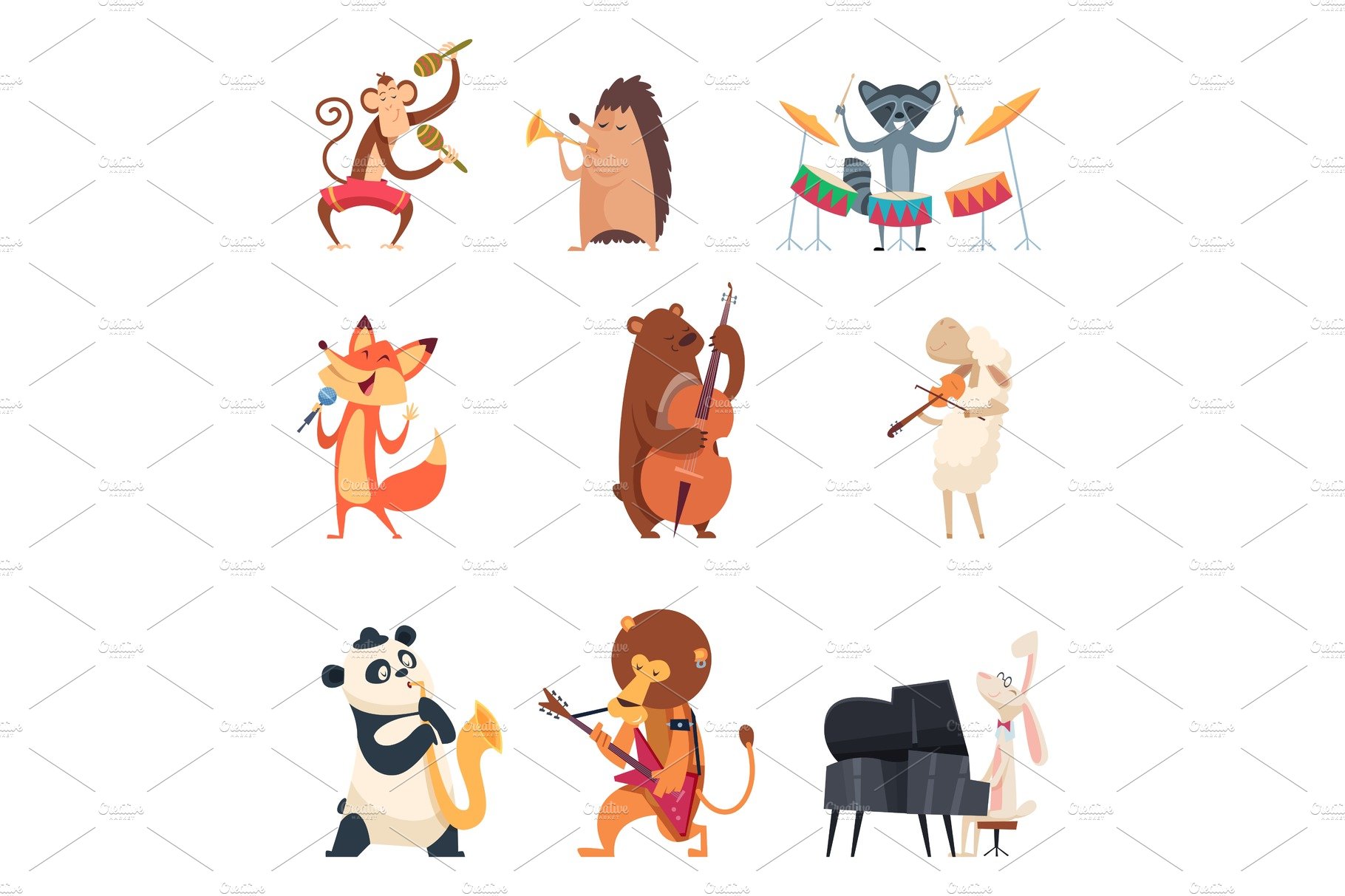 Animals with music instruments. Zoo cover image.