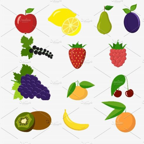 Set of colorful cartoon fruit icons cover image.