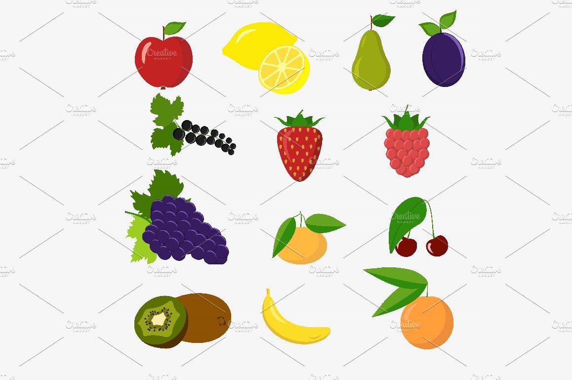 Set of colorful cartoon fruit icons cover image.