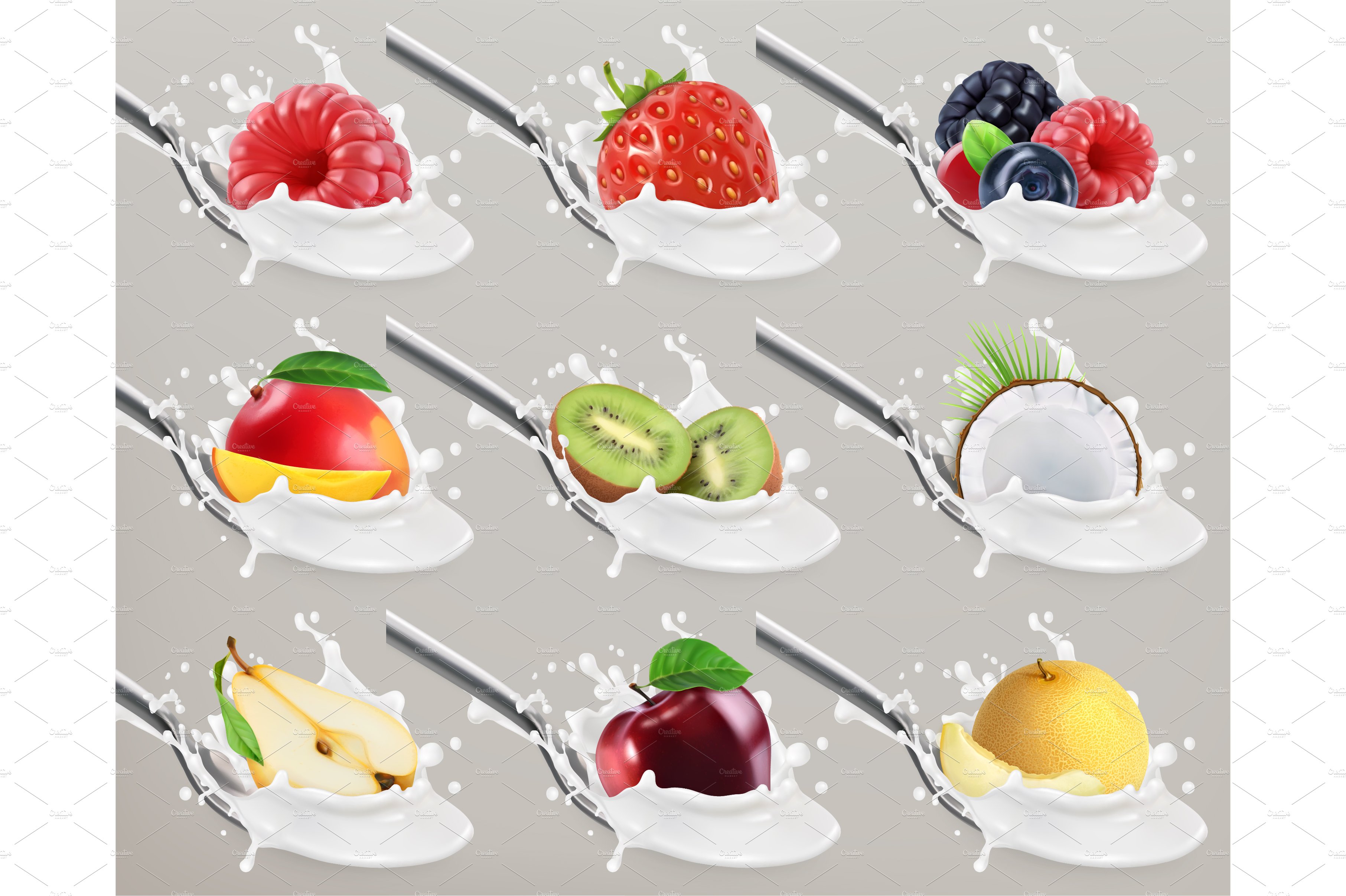 Fruit and berries yogurt. Vector cover image.