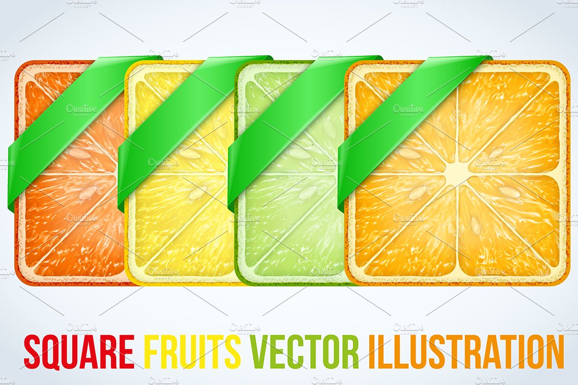 Set of icons Square fruits slices. cover image.