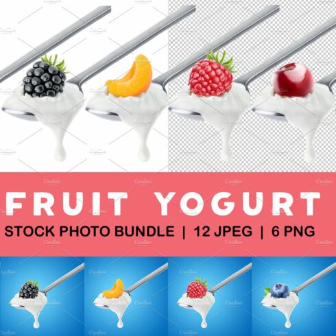 Fruit yogurt on spoons cover image.