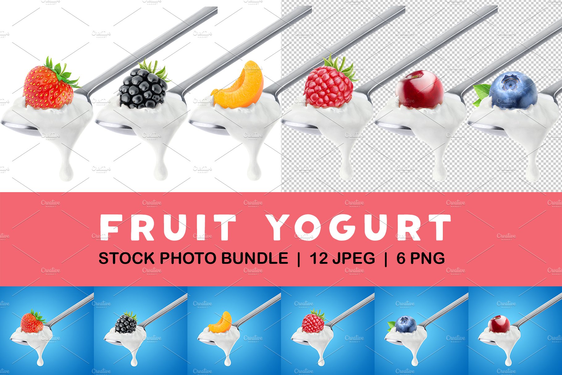 Fruit yogurt on spoons cover image.