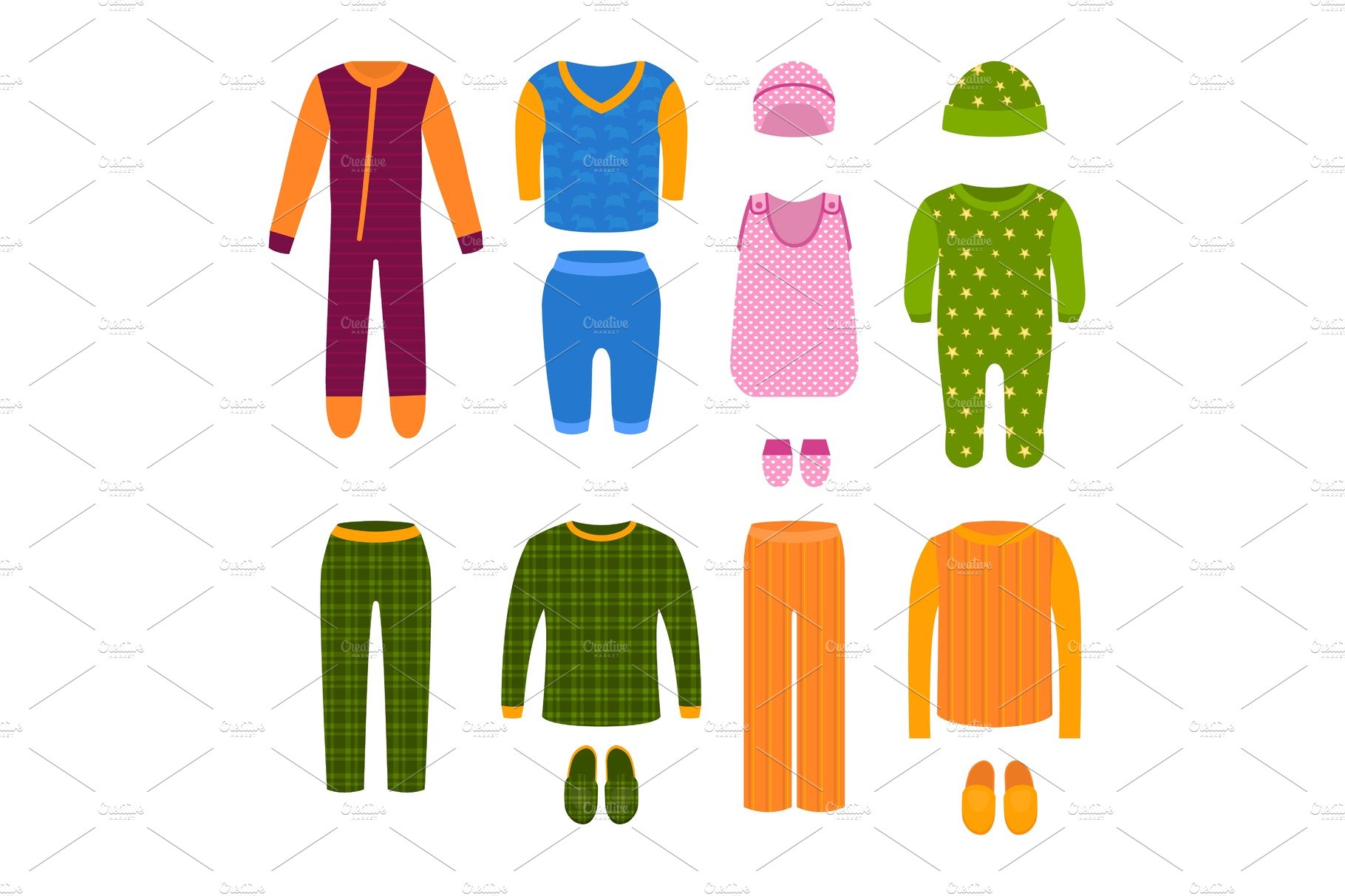 A set of children's clothes and pajamas for home, sleep and parties. Vector... cover image.