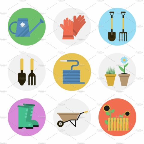 Nine color flat icon set - GARDENING cover image.