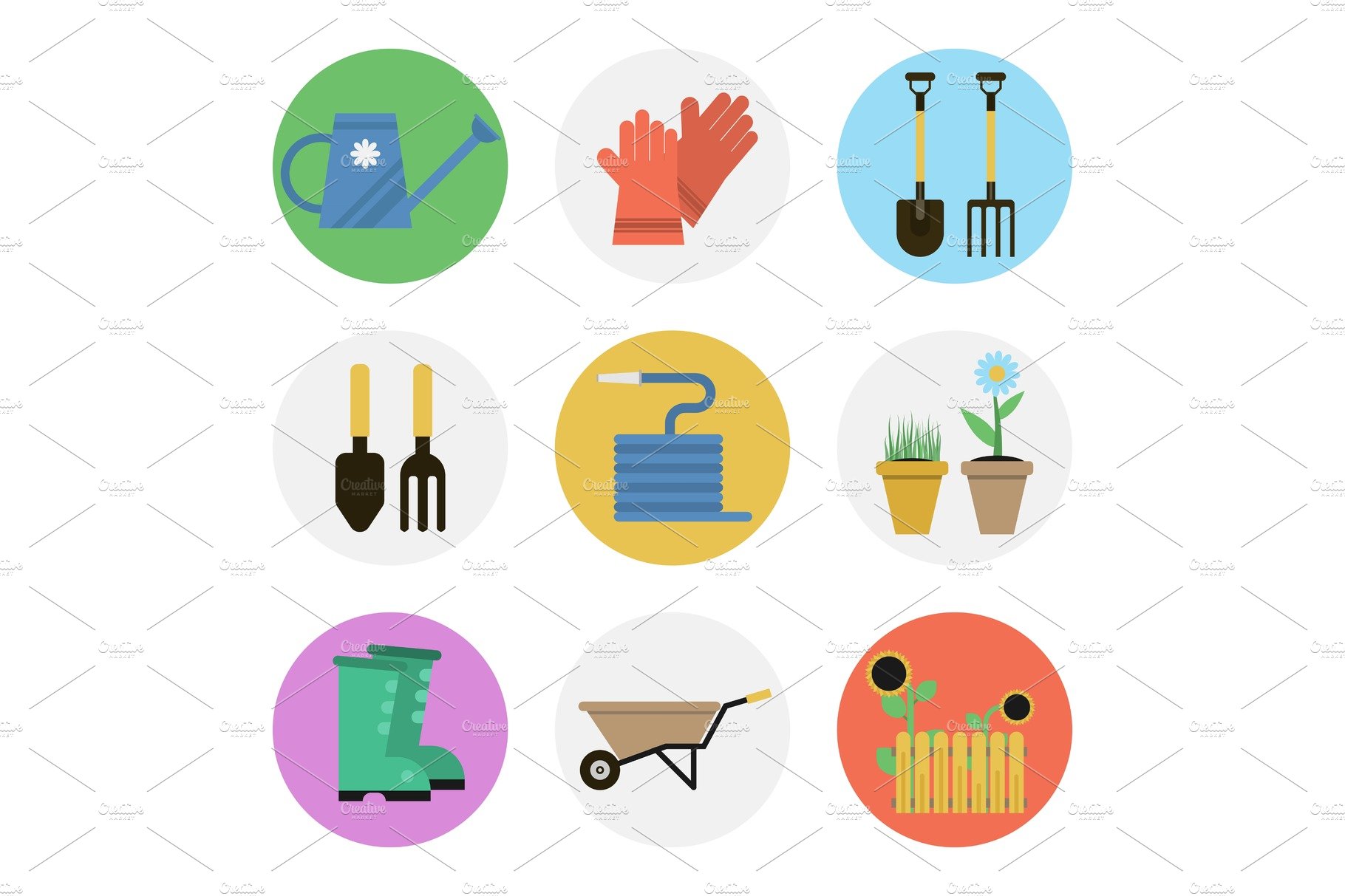 Nine color flat icon set - GARDENING cover image.