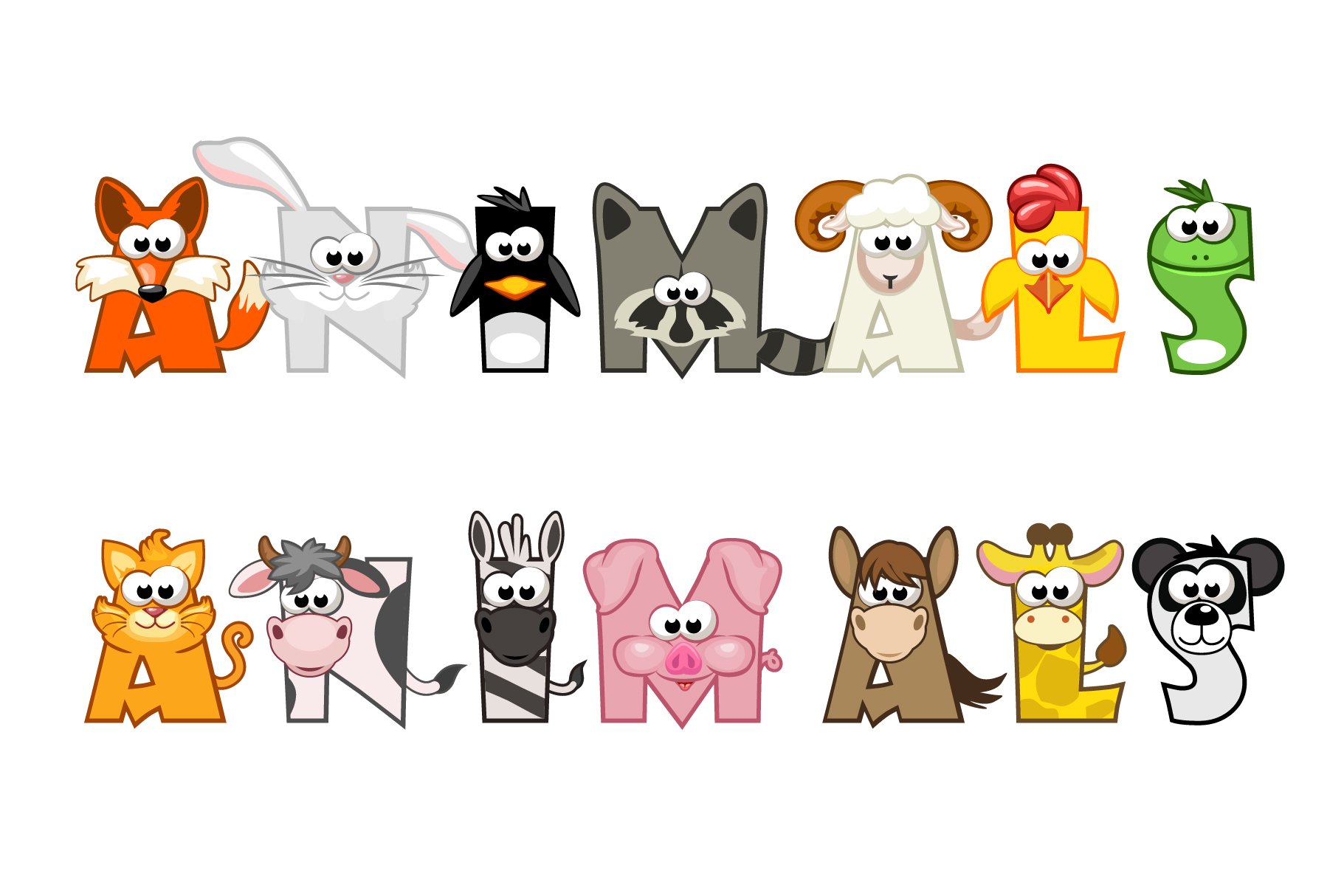 funny cartoon word animals vector set funny letters 924