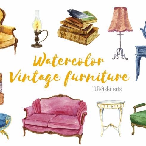 Watercolor vintage furniture set cover image.