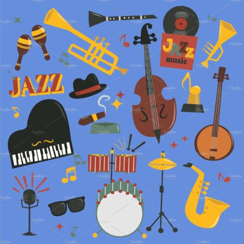 Jazz musical vector instruments tools piano and saxophone music sound illus... cover image.