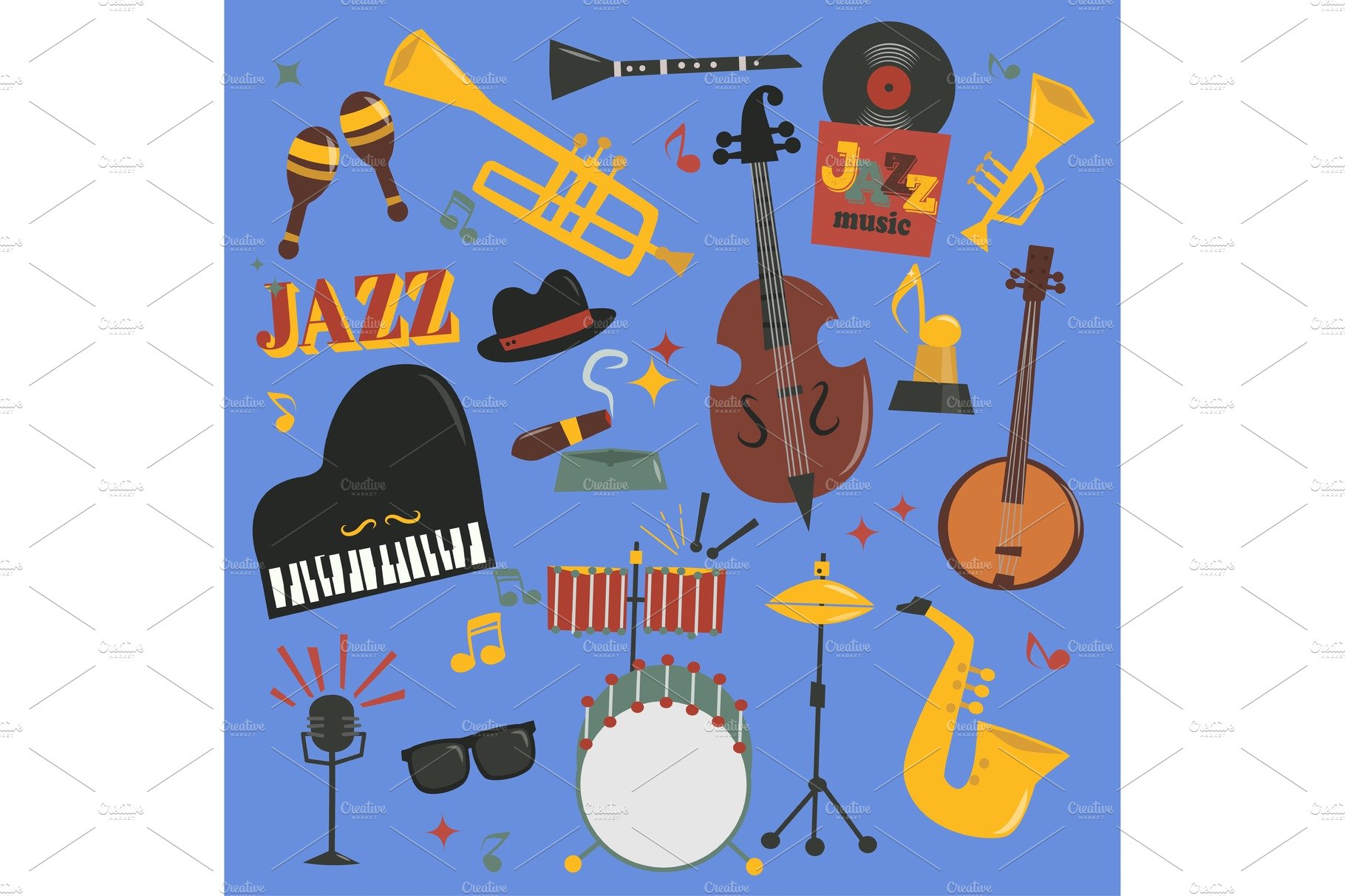 Jazz musical vector instruments tools piano and saxophone music sound illus... cover image.