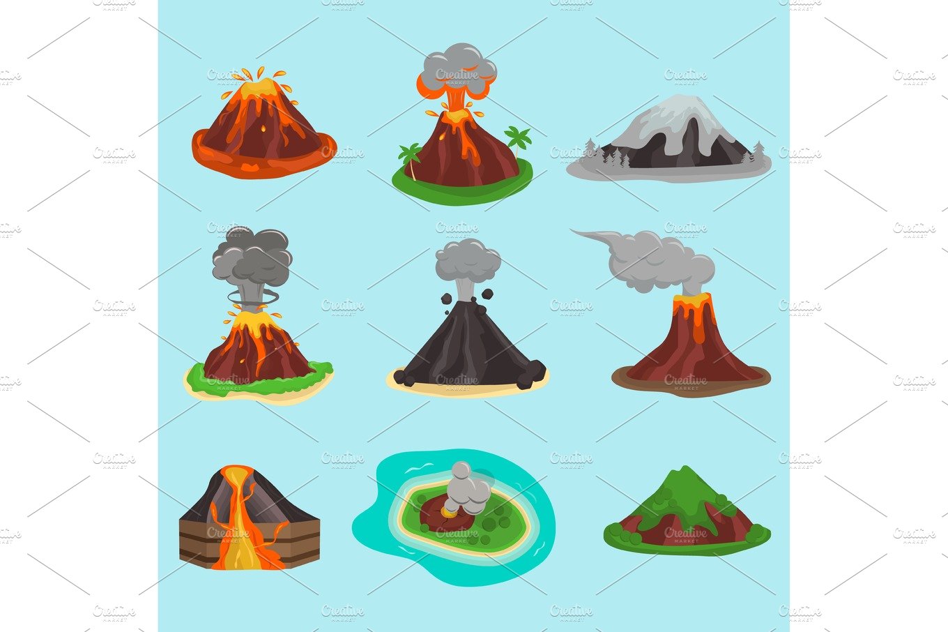 Volcano set vector illustration. cover image.