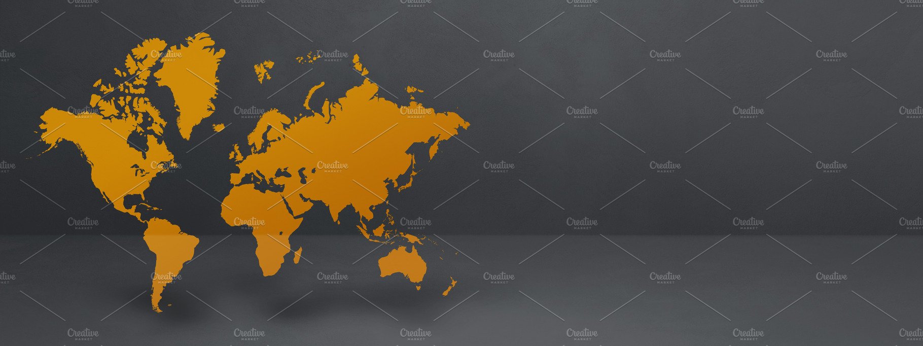 Yellow world map on black concrete wall background. 3D illustrat cover image.