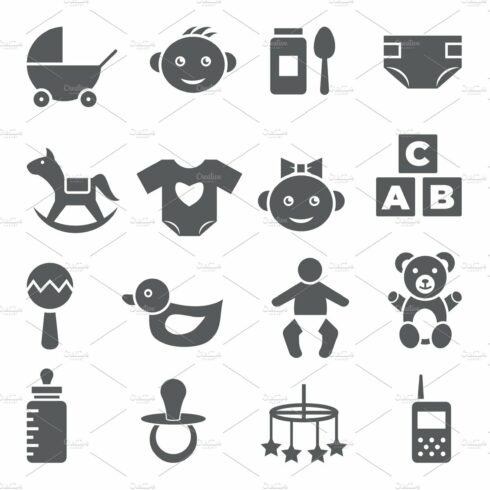 Baby icons set on white background cover image.