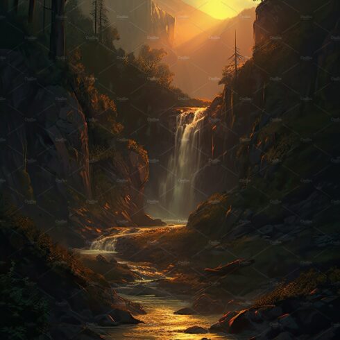 Beautiful vertical landscape with tall mountains, waterfall and a river. Ge... cover image.