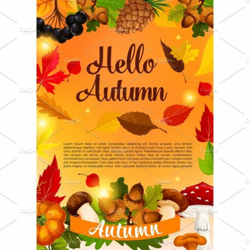 Hello autumn poster template of fall season leaf cover image.