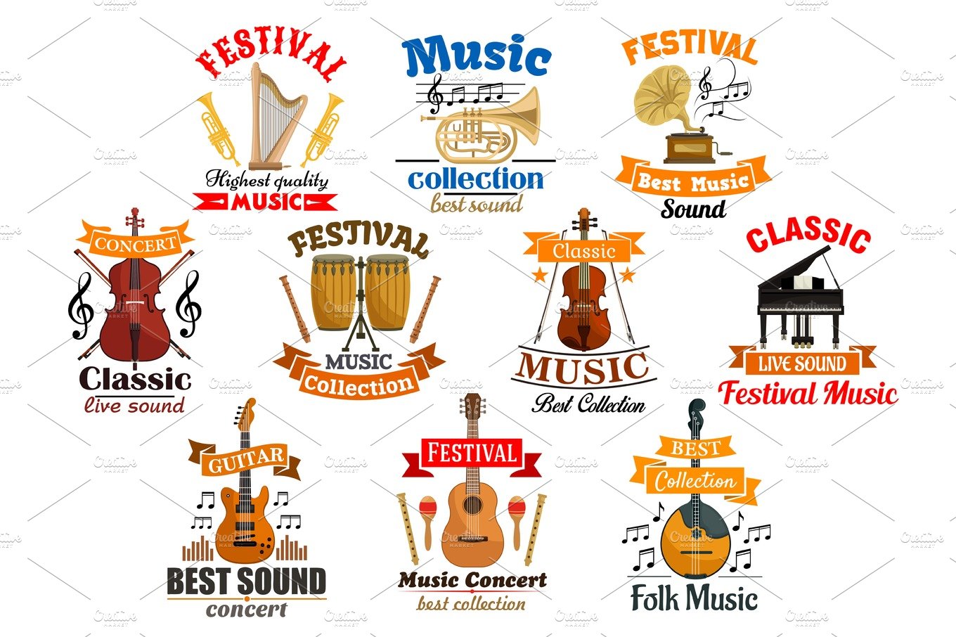 Melody notes with musical instruments icons cover image.
