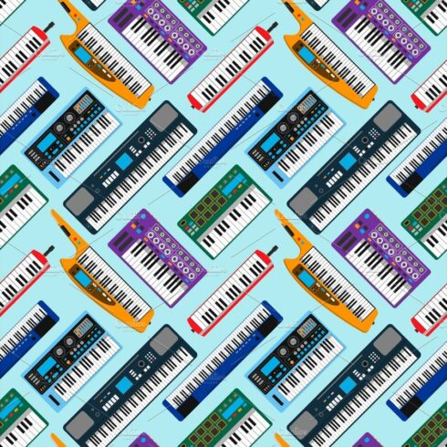 Synthesizer piano musical keyboard equipment seamless pattern vector illust... cover image.