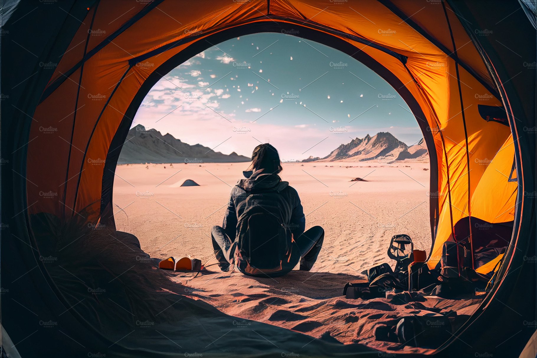 Camping on lake shore at sunset, view from inside tourist tent. Girl enjoy ... cover image.