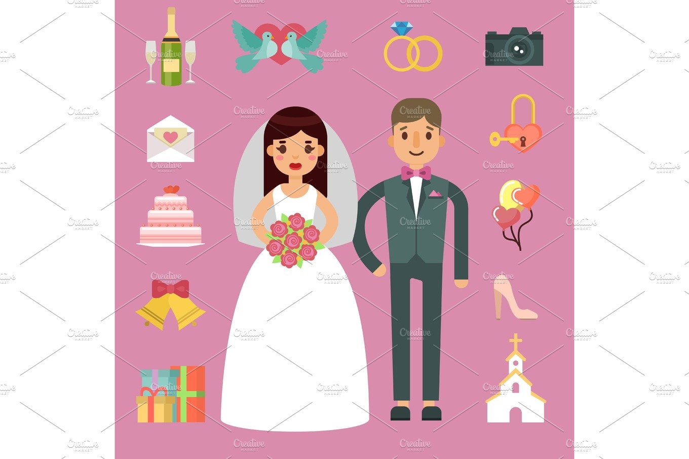 Bride and groom wedding couple vector illustration. cover image.