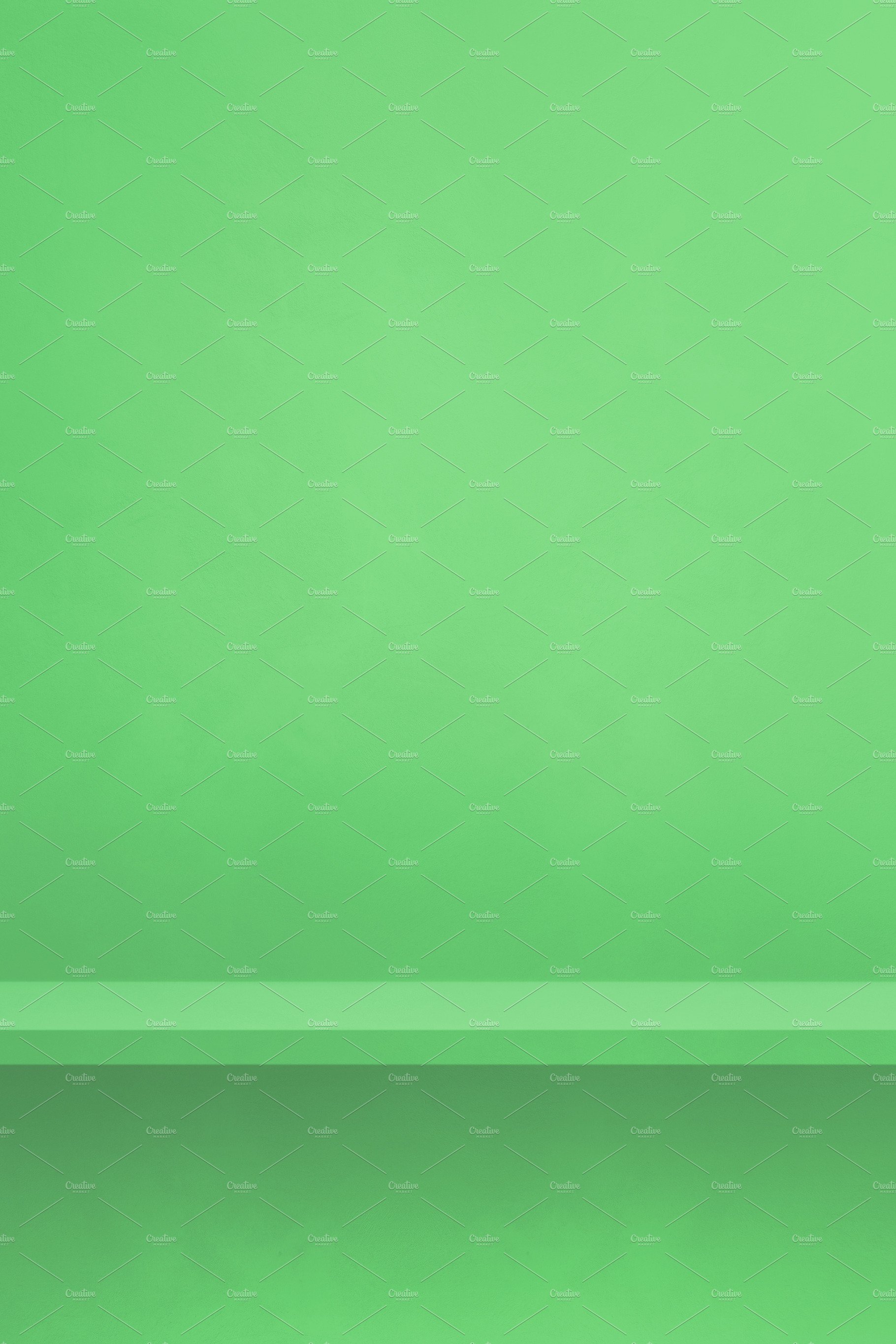 Empty shelf on a green wall. Background template. Vertical backd cover image.