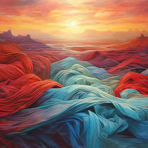 Colorful cloth weaved abstract painting over a sunset background cover image.