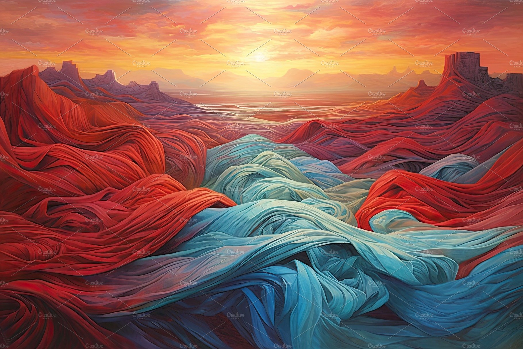Colorful cloth weaved abstract painting over a sunset background cover image.