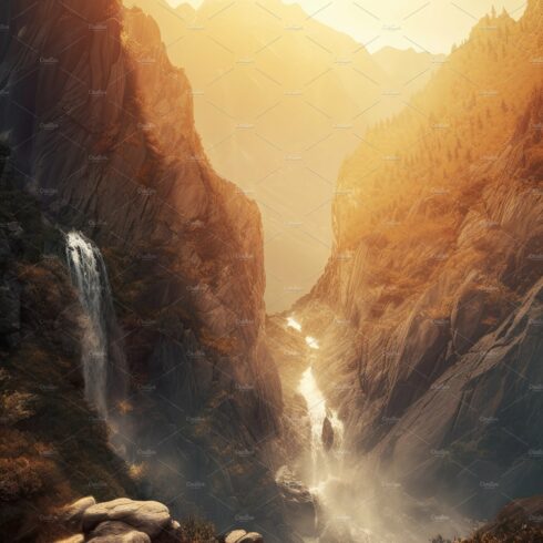 Beautiful vertical landscape with tall mountains, waterfall and a river. Ge... cover image.