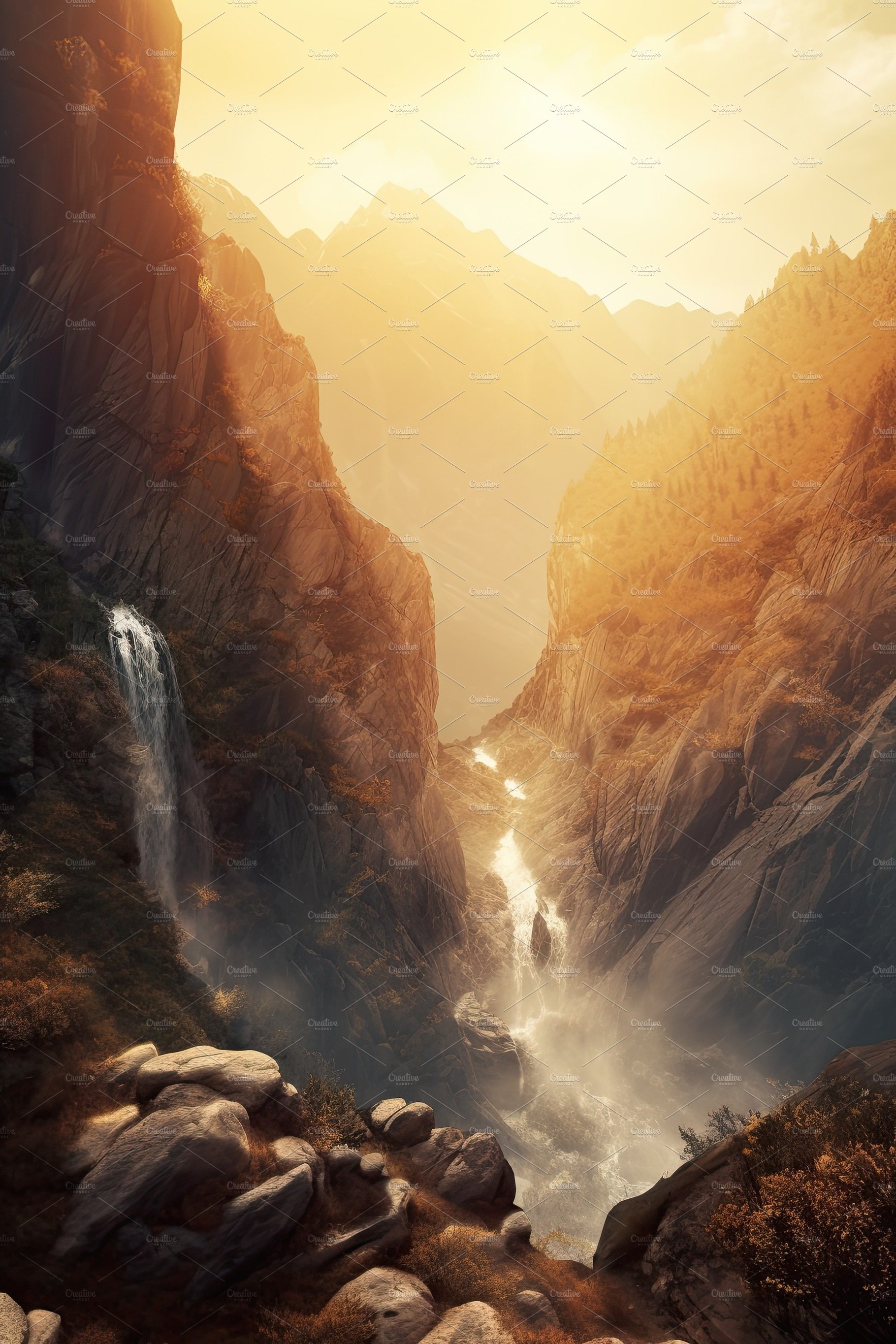 Beautiful vertical landscape with tall mountains, waterfall and a river. Ge... cover image.