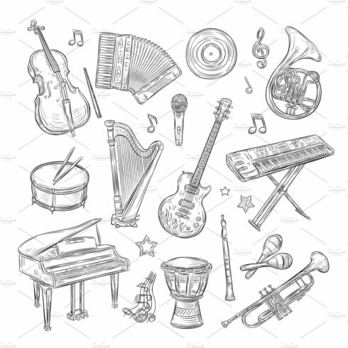 Musical instruments doodles. Drum cover image.
