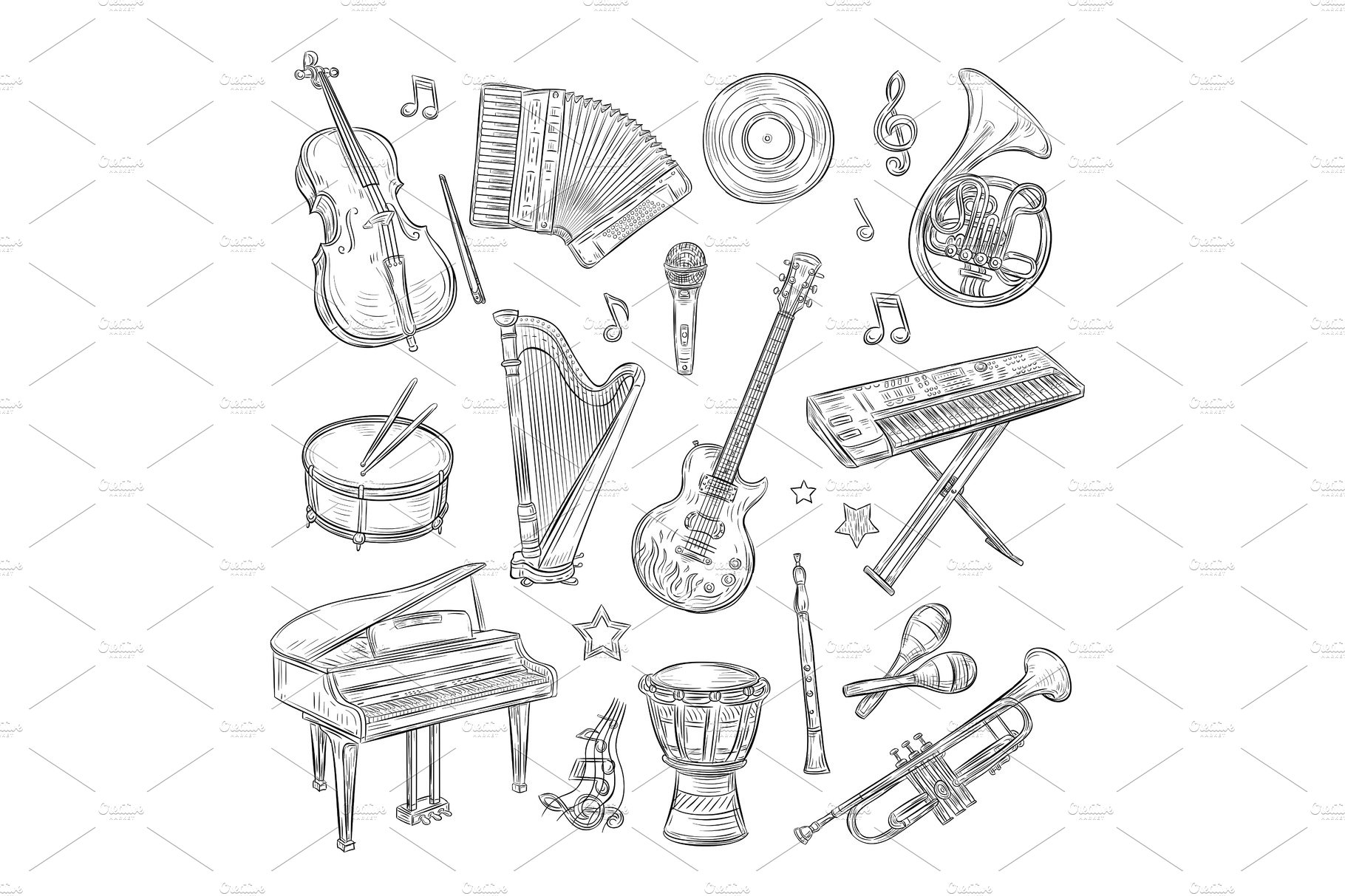 Musical instruments doodles. Drum cover image.