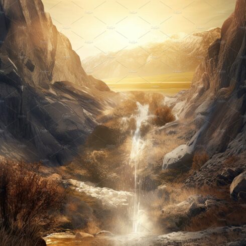 Beautiful vertical landscape with tall mountains, waterfall and a river. Ge... cover image.