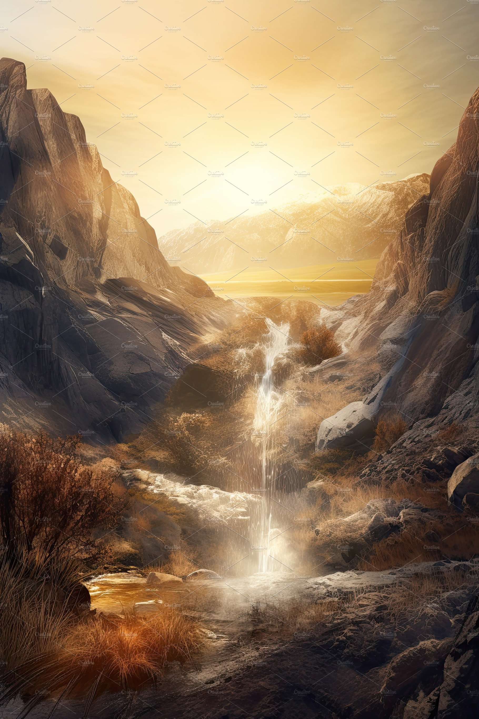 Beautiful vertical landscape with tall mountains, waterfall and a river. Ge... cover image.