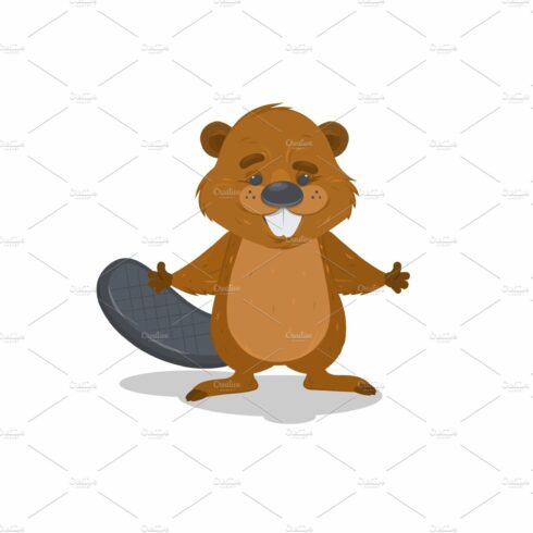 Cute cartoon vector beaver waving with his hands. cover image.