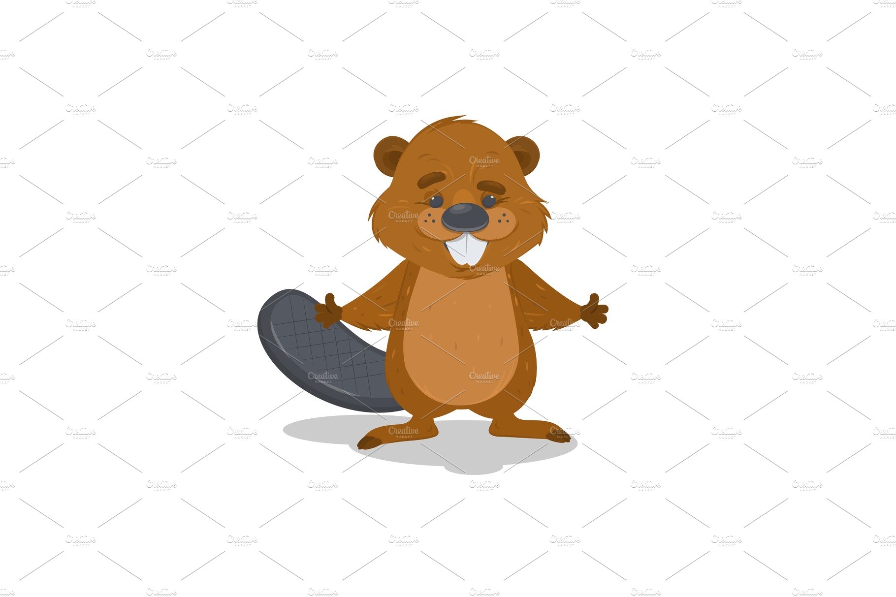 Cute cartoon vector beaver waving with his hands. cover image.