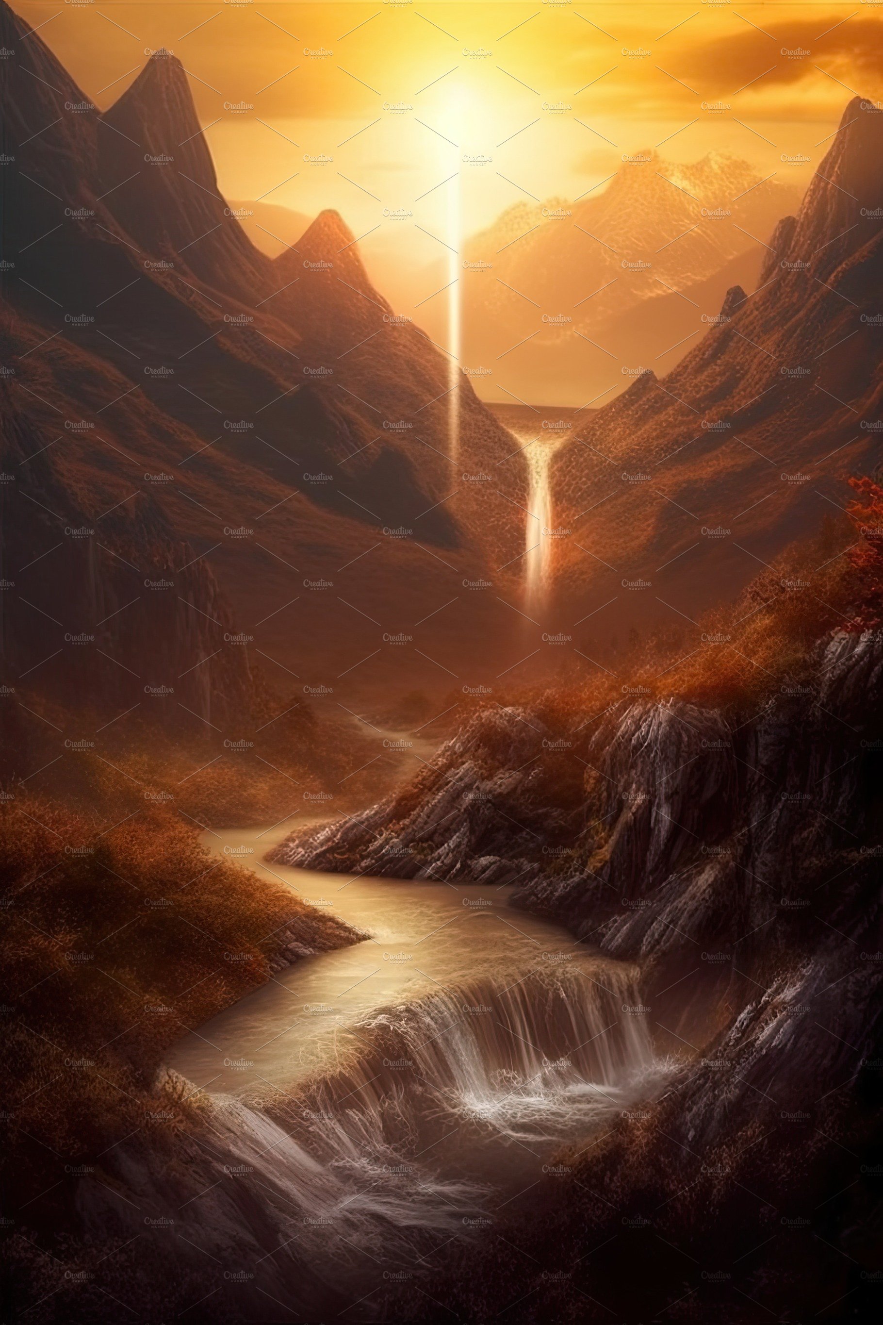 Beautiful vertical landscape with tall mountains, waterfall and a river. Ge... cover image.