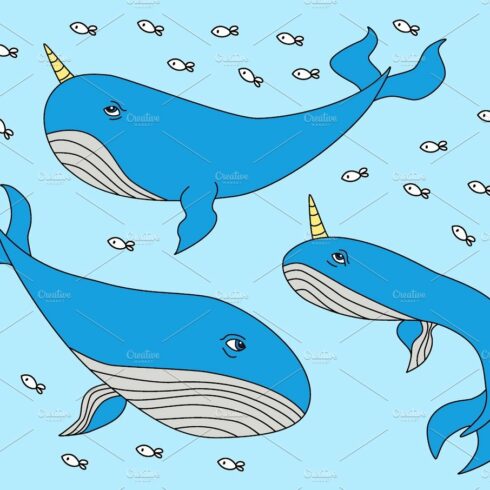Cute hand drawn cartoon characters of narwhal whales cover image.