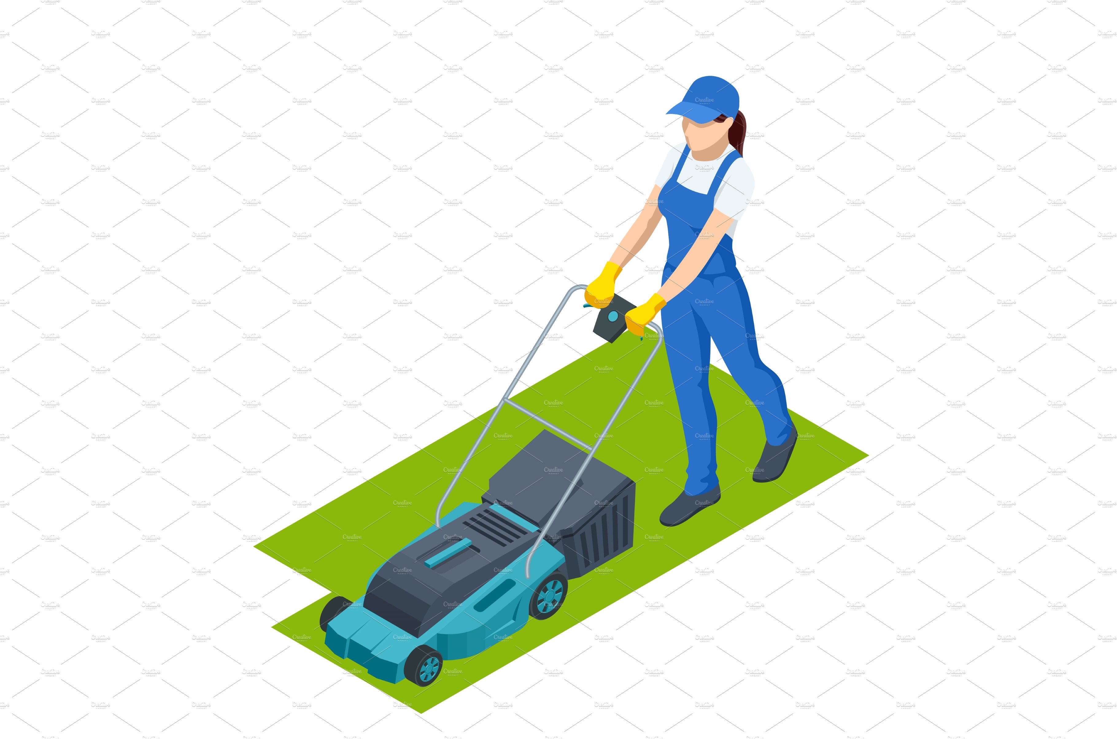 Agricultural work. Woman lawn mower cover image.