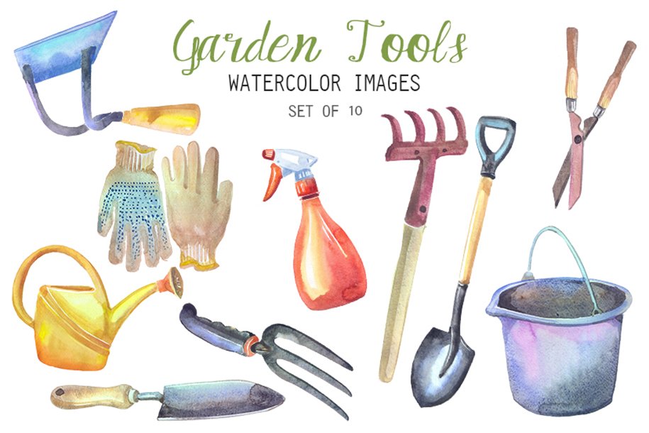 Watercolor Garden Tools Clipart cover image.