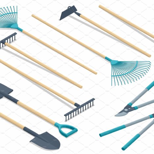Isometric set of garden tools. Rake cover image.