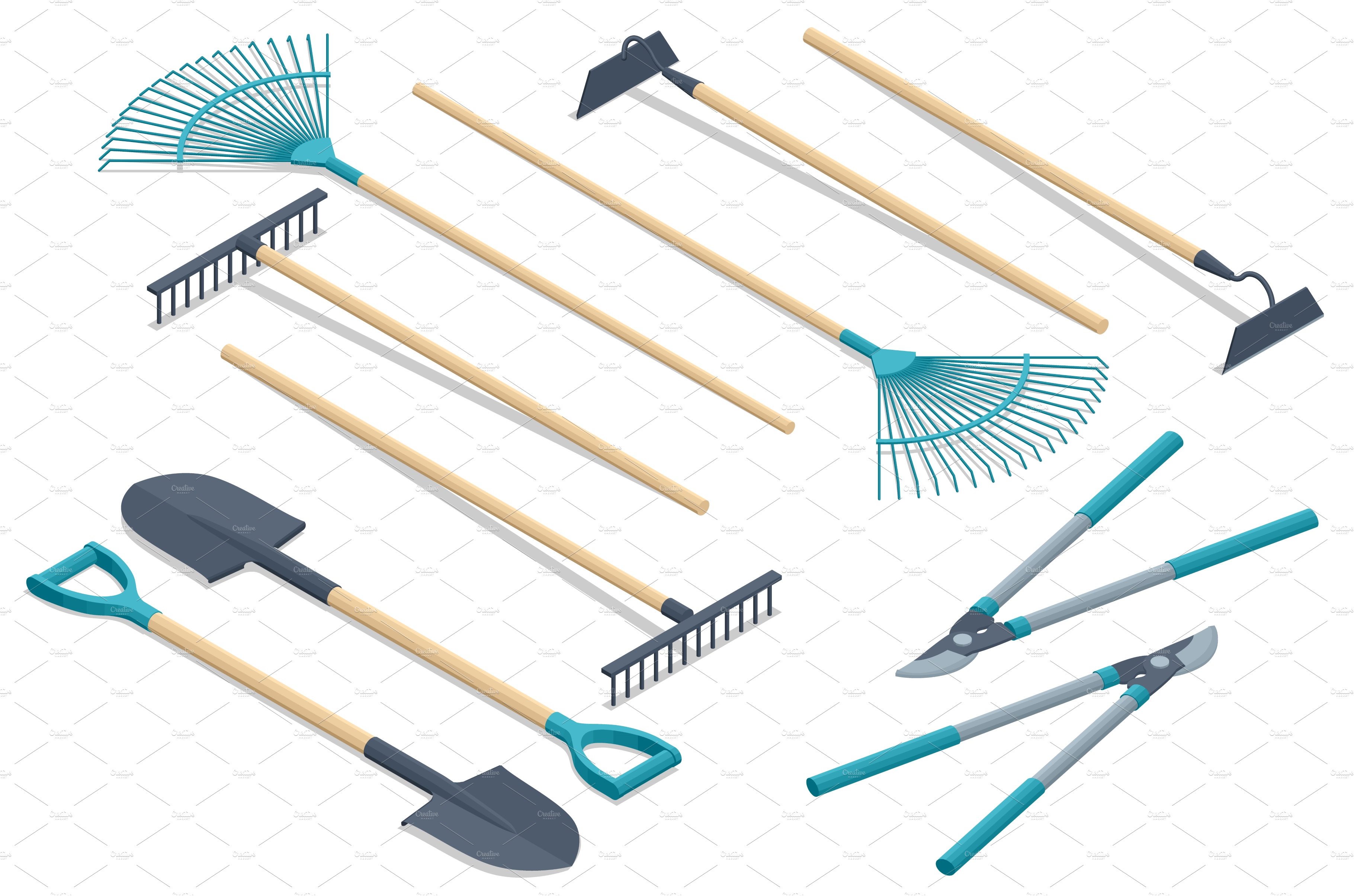 Isometric set of garden tools. Rake cover image.