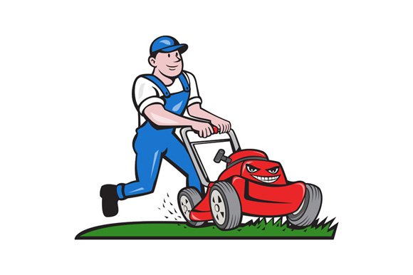 Gardener Mowing Lawn Mower Cartoon cover image.