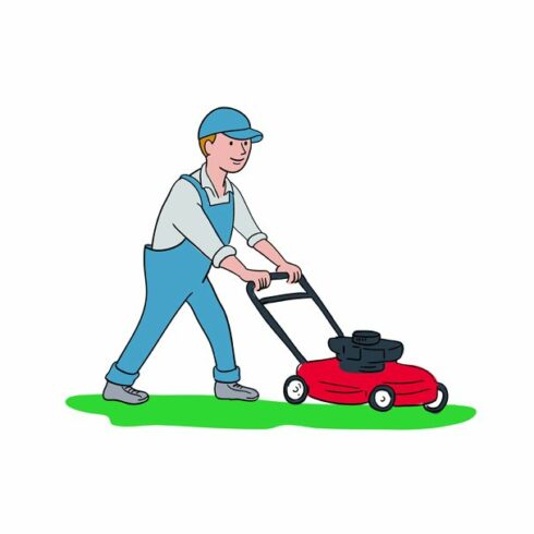 Gardener Mowing Lawn Cartoon cover image.