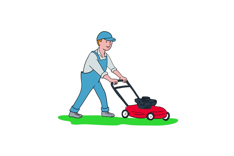 Gardener Mowing Lawn Cartoon cover image.