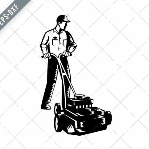 Gardener Mowing With Lawnmower SVG cover image.