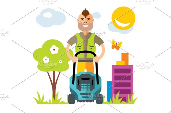 Lawnmower. Man with lawn mower cover image.