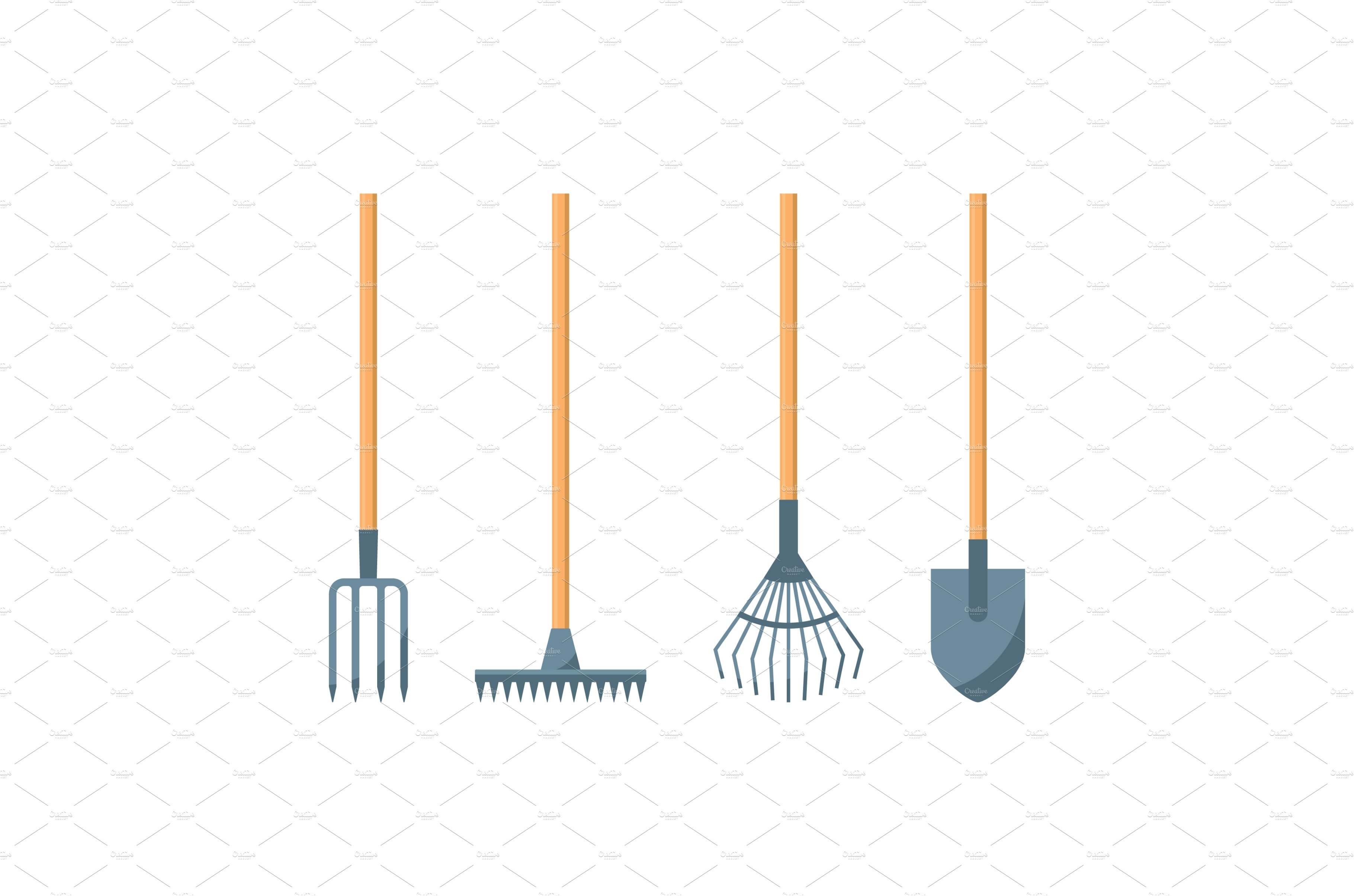 Shovel or spade, rake and pitchfork cover image.