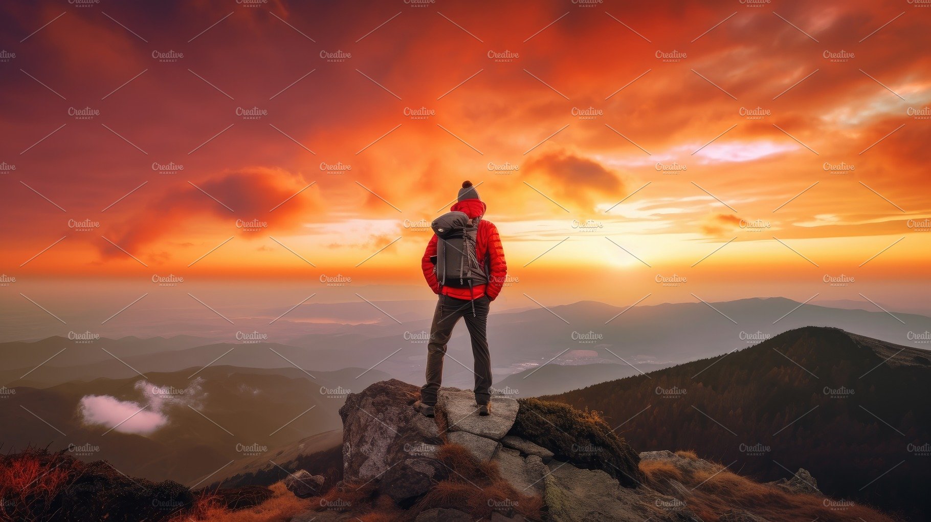 The man atop the red mountain gazed at the setting sun and orang cover image.