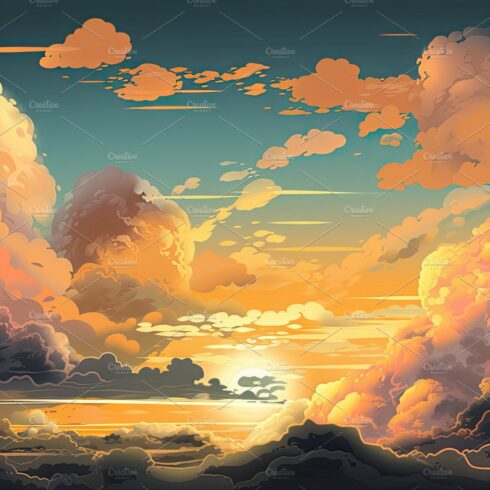 Illustrated sky with clouds, sun, stars, and sunrise or sunset. cover image.