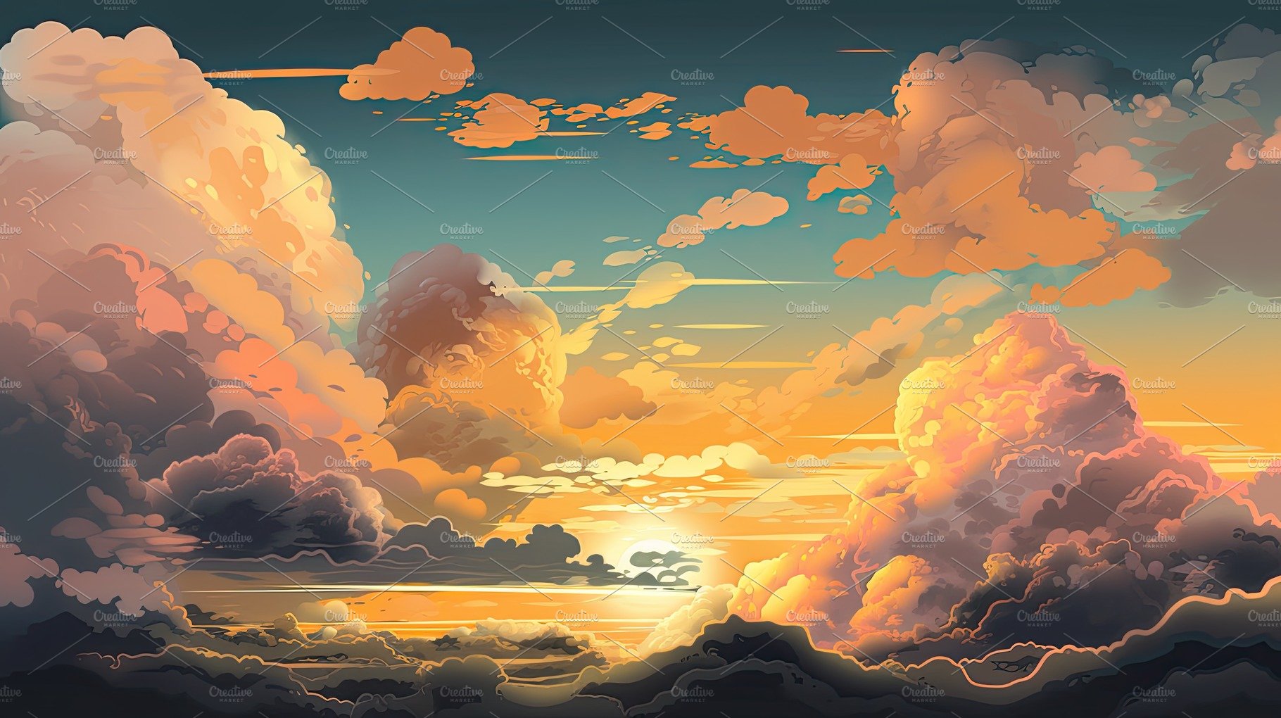 Illustrated sky with clouds, sun, stars, and sunrise or sunset. cover image.