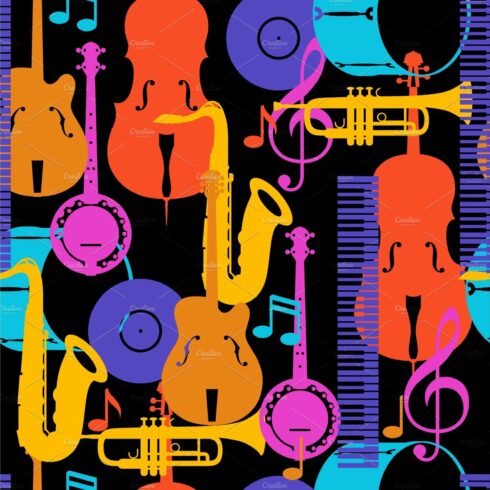 Jazz music seamless pattern with musical instruments cover image.